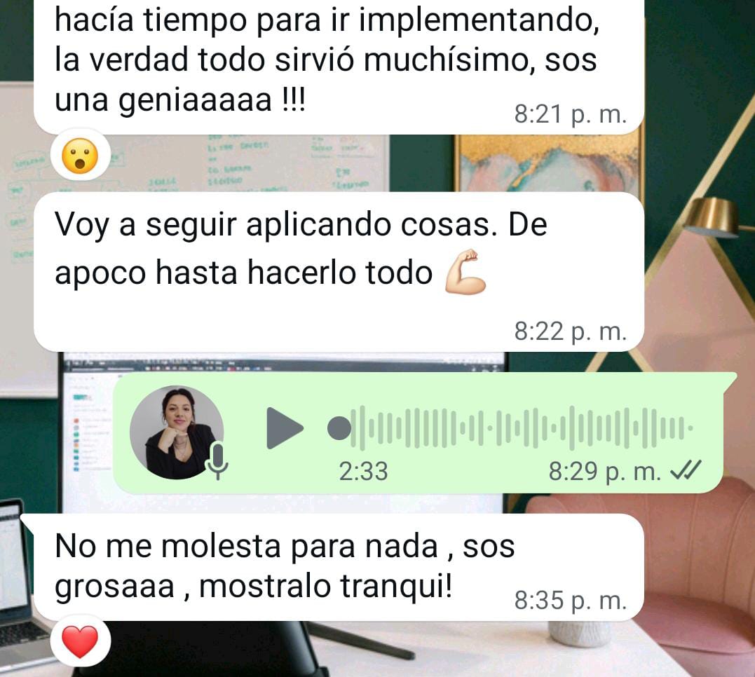 Testimonio de clienta por WhatsApp agradeciendo la sesión